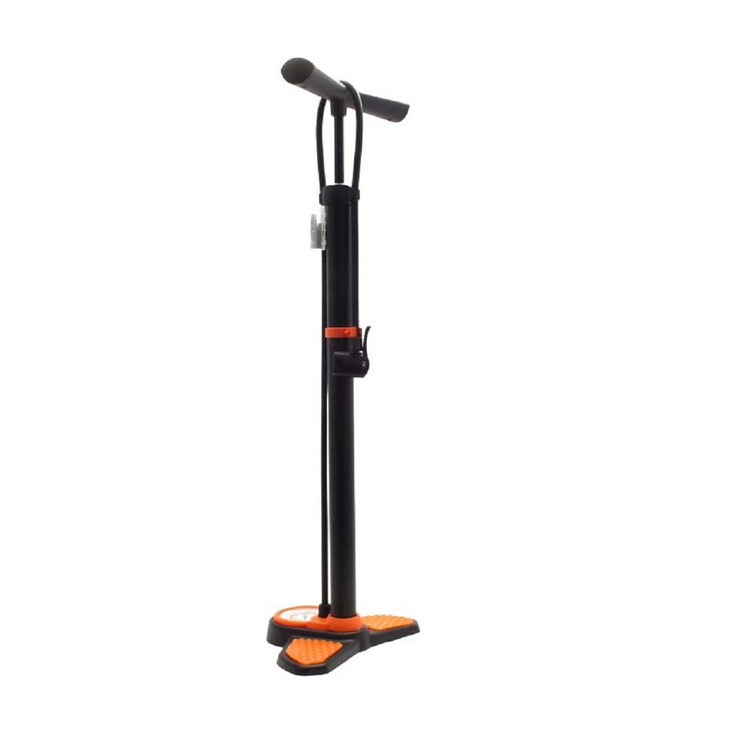 Introducing the Dr Air Hand Tyre Pump, featuring a sleek black and orange design with a T-shaped handle and a robust base. It offers an ergonomic grip for comfortable use, along with a pressure gauge for easy monitoring. Compatible with both Schrader and Presta Valves, it includes a dual thumb lock connector to ensure secure inflation.