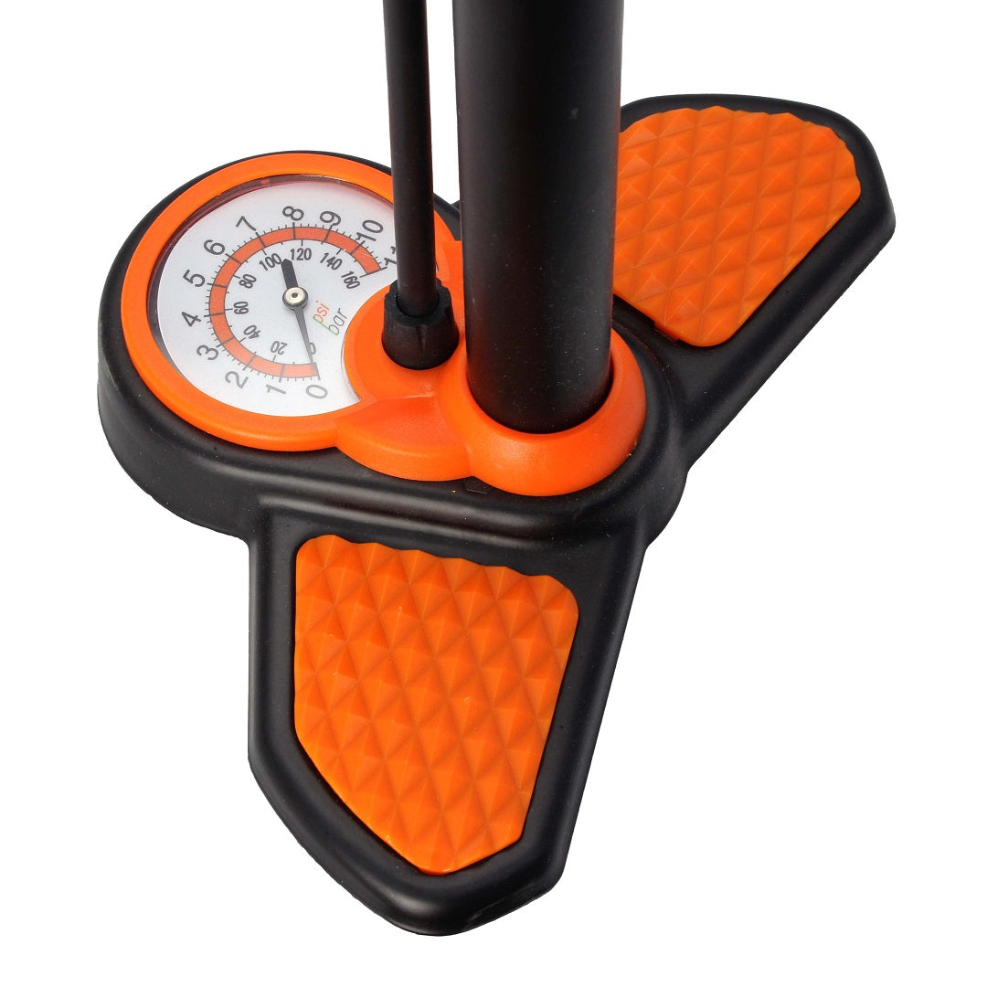 A close-up view of the Dr Air Hand Tyre Pump reveals an orange and black base with two textured footpads. The center features a pressure gauge displaying readings from 0 to 160 psi in both bars and psi units. It is equipped with a dual thumb lock connector for Schrader & Presta valves, and the pump handle is partially visible.