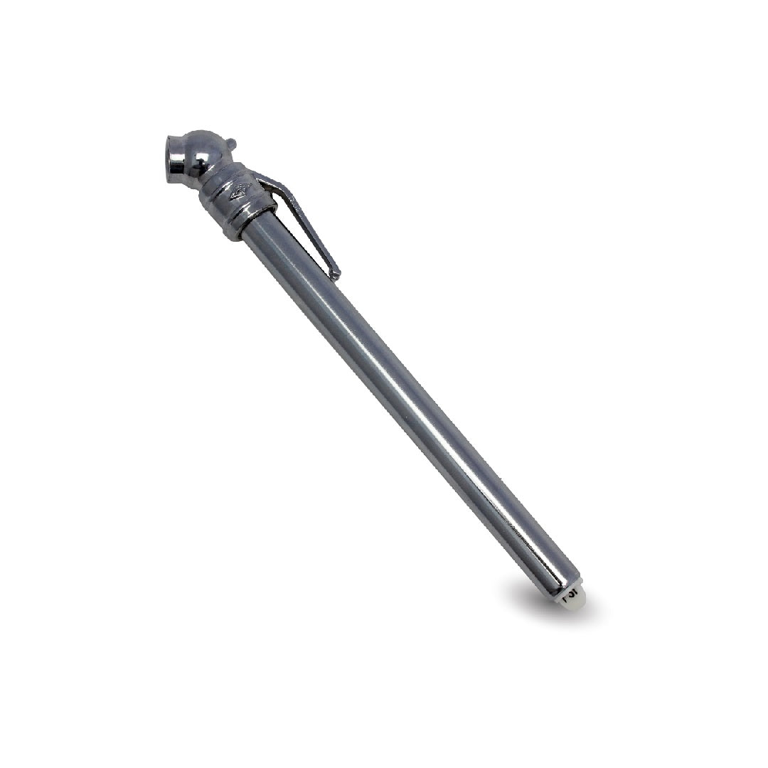 Introducing the Dr Air Pencil Tyre Pressure Gauge 50psi, a sleekly designed metal tool featuring a cylindrical body and a small, angled head. This simple yet efficient gauge is ideal for accurately measuring air pressure in vehicle tires, ensuring you maintain optimal fuel economy.