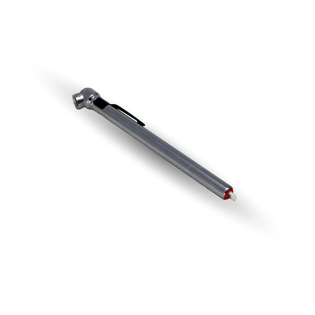 A sleek Dr Air Pencil Tyre Pressure Gauge 100psi with a convenient clip, showcasing a cylindrical silver metal body and a clear measurement scale on the side, set against a pristine white background.