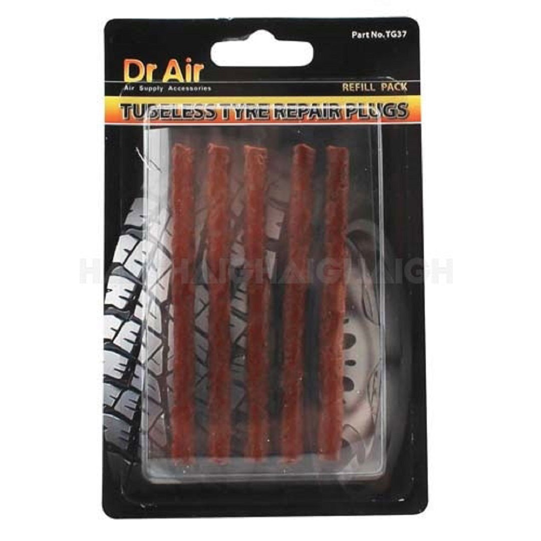 Dr Air presents a package of Tubeless Tyre Plugs - 5pk, containing five brown, cylindrical strips that offer efficient tire puncture repair. The packaging highlights the brand and product details on the back, providing you with high-quality radial repair plugs for any situation.