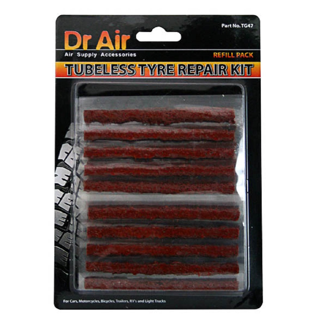 The packaging of the Dr Air Tubeless Tyre Plugs - 30pk displays brown radial repair plugs through a transparent plastic cover. It is tailored for a range of vehicles like cars and motorcycles and includes comprehensive instructions to facilitate straightforward use for all tubeless tyre repair requirements.