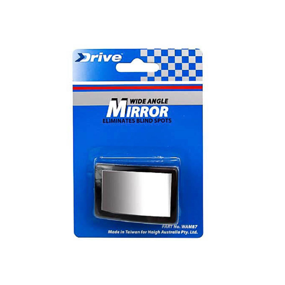 The Drive Blind Spot Mirror Wedge Style features a rectangular design to eliminate blind spots, offering a wide-angle view. It is mounted on a blue checkered card and is made in Taiwan for High Australia Pty. Ltd.