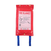 The Drive Fire Blanket - 1.2m x 1.8m, an ideal safety solution for the kitchen, comes in a red bag with blue pull tabs and features illustrated instructions and text on the front detailing "FIRE BLANKET" usage. It provides steps to extinguish small fires like fat pan fires and is equipped with gold-colored grommets at the top for easy hanging.