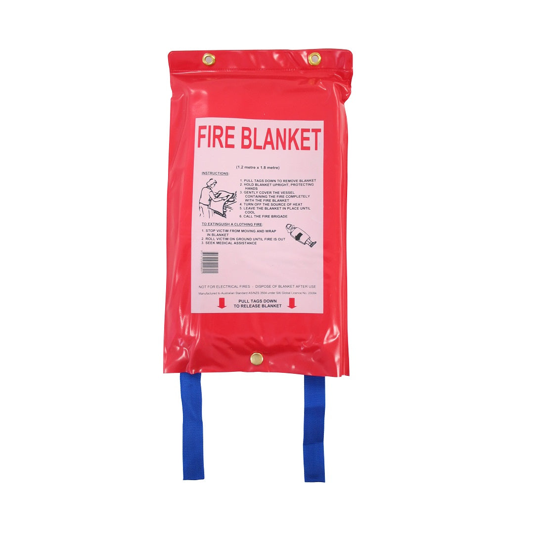 The Drive Fire Blanket - 1.2m x 1.8m, an ideal safety solution for the kitchen, comes in a red bag with blue pull tabs and features illustrated instructions and text on the front detailing "FIRE BLANKET" usage. It provides steps to extinguish small fires like fat pan fires and is equipped with gold-colored grommets at the top for easy hanging.