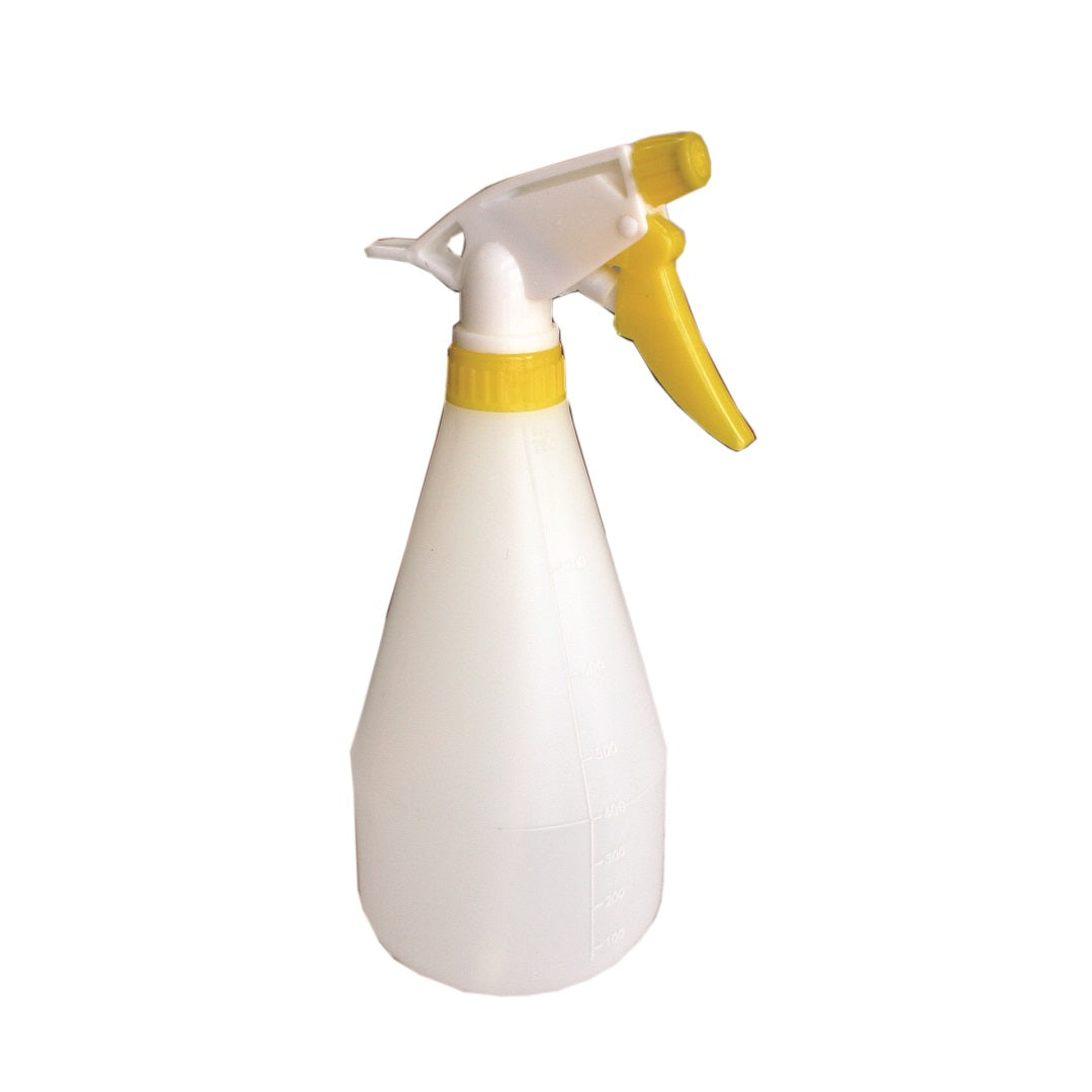 The Drive Spray Bottle - 750ml, featuring a white plastic body and yellow trigger nozzle, is ideal for dispensing cleaning solutions or water. This versatile spray bottle stands upright against a plain white background.