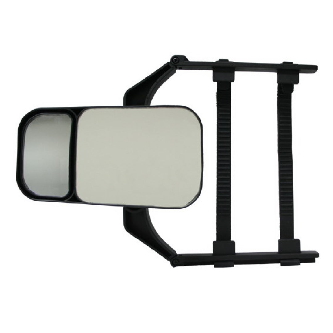 The Drive Towing Mirror, in black, offers extended vision with easy installation. It includes two adjustable straps and dual mirrors—a large rectangular one and a smaller mirror—for improved rear visibility.