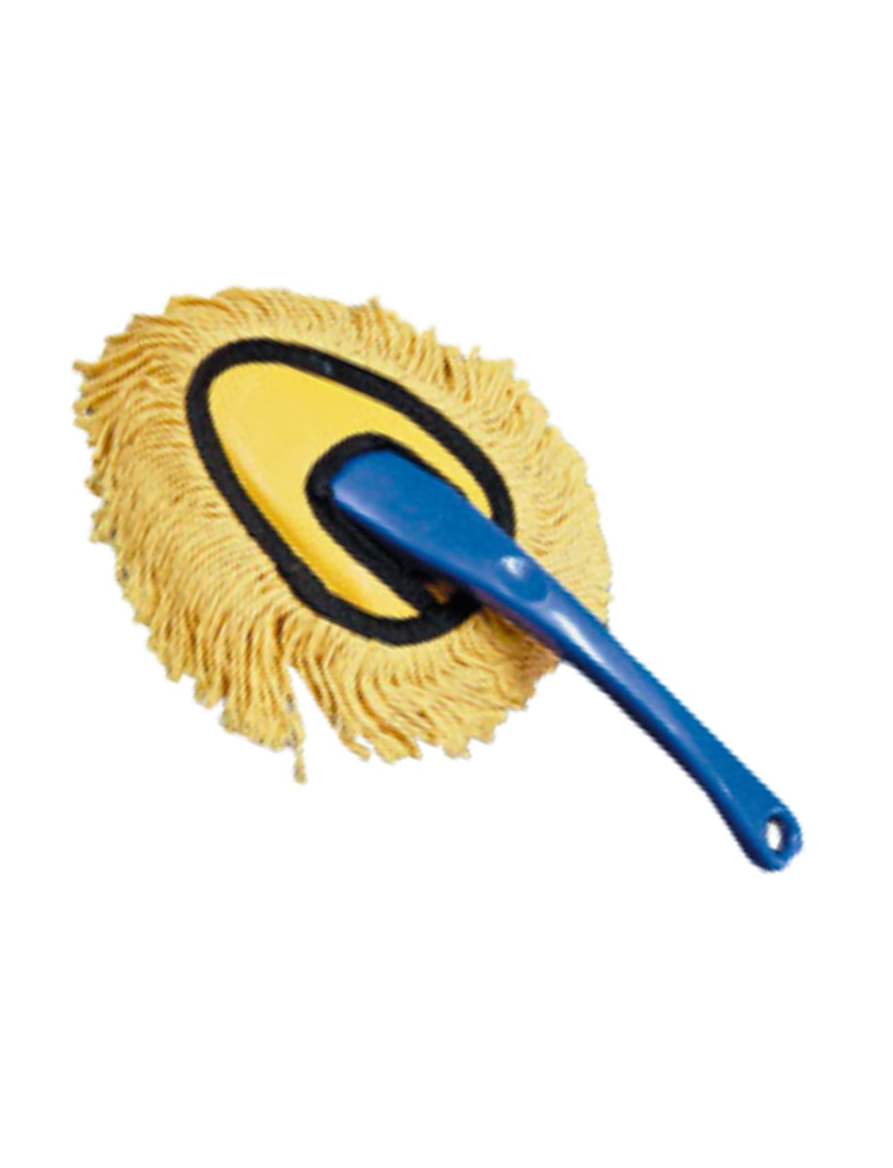 Close-up of Sunland-Protection's Multi Purpose Duster, a round yellow mop with fringed edges and a blue handle. Perfect for home use, the duster is isolated on a white background, highlighting its unique design.