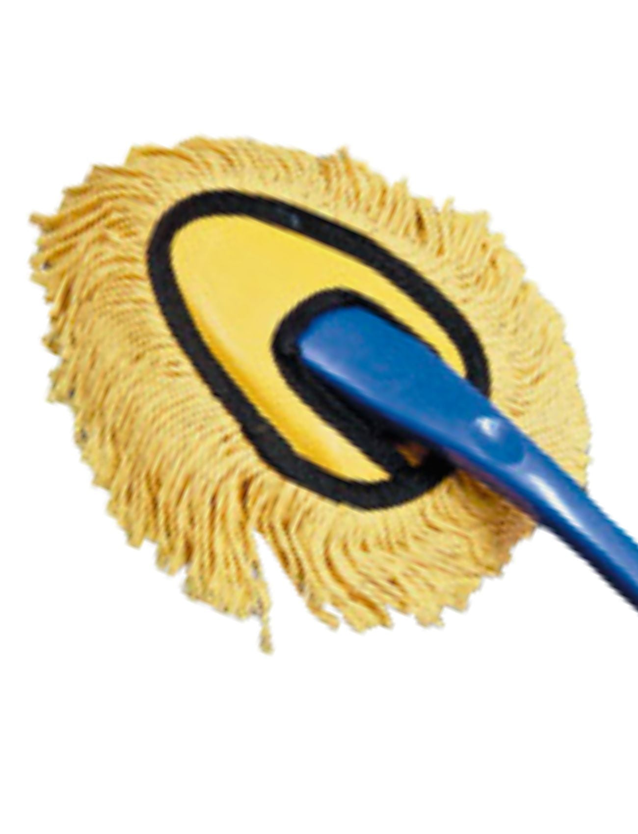 The Multi Purpose Duster by Sunland-Protection features a yellow mop head with a unique circular fringe design, attached to a blue handle, on a plain white background. Perfect for home use.