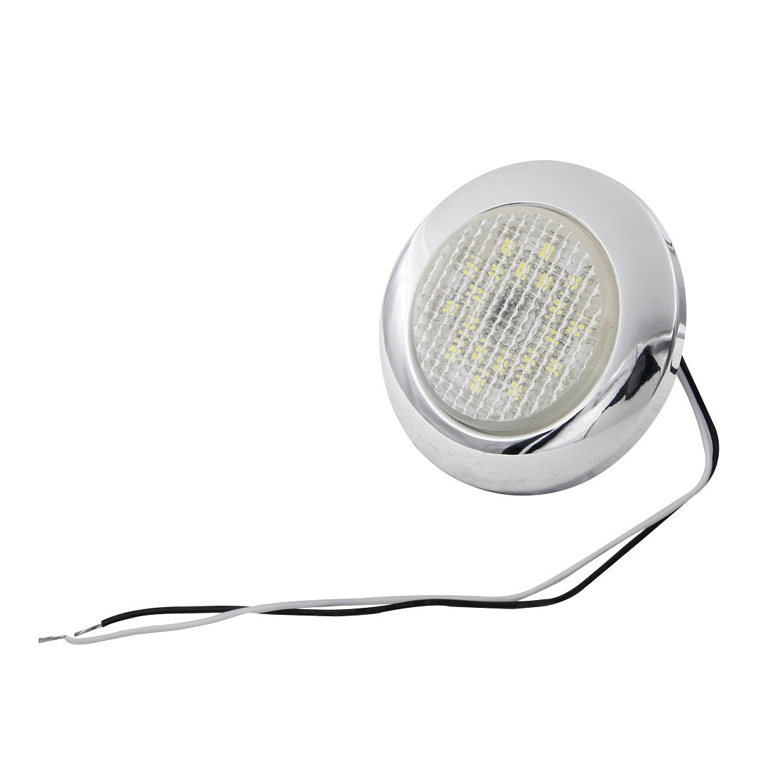 The Eagle Eye LED Dome Light - 50mm is a round, chrome-finished ceiling light with a clear lens and multiple small LEDs, designed for marine environments. It's water-resistant and has two wires—black and white—extending from the back.