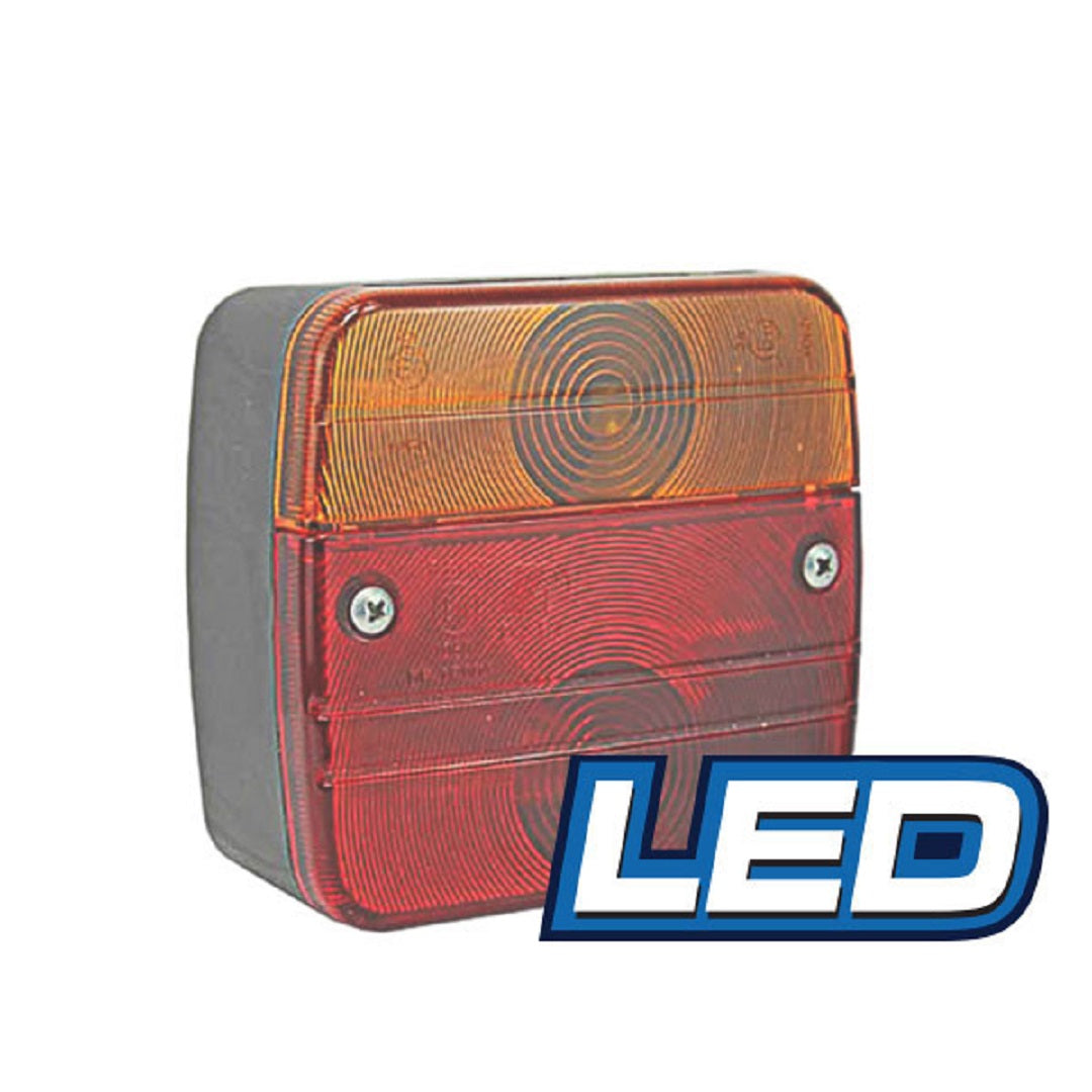 The Eagle Eye LED Trailer Lamp - Combination features a rectangular design with amber and red circular lenses. Two front screws are visible, and a "LED" label in blue and white is on the bottom right corner, offering a dependable taillight and indicator function.