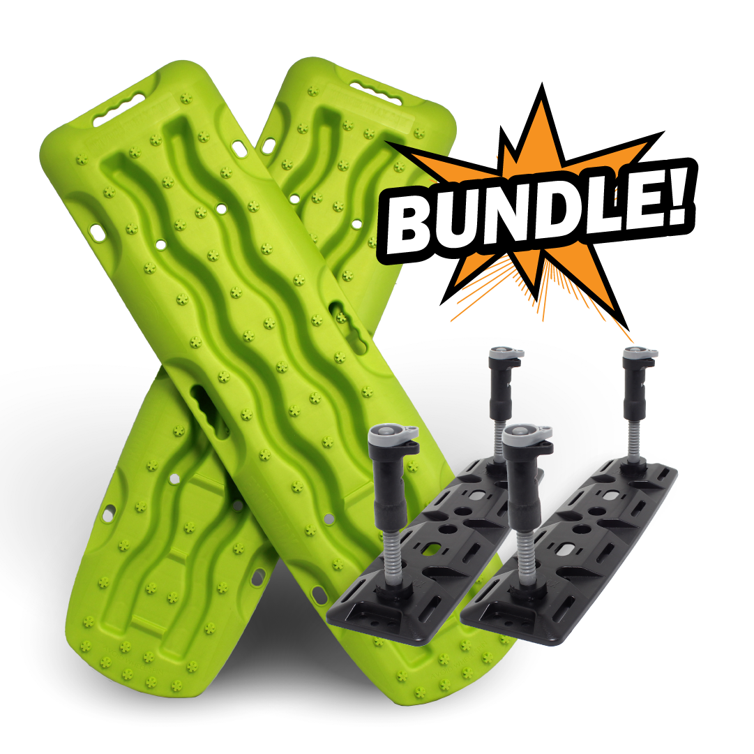 The Exitrax Recovery Board 1110 Series in Metallic Lime Green features an X-shaped wavy pattern perfect for 4x4 adventures. The bundle includes a Recovery Board Mounting Kit with four black pins. A striking "BUNDLE!" banner pops against the background on an orange starburst.