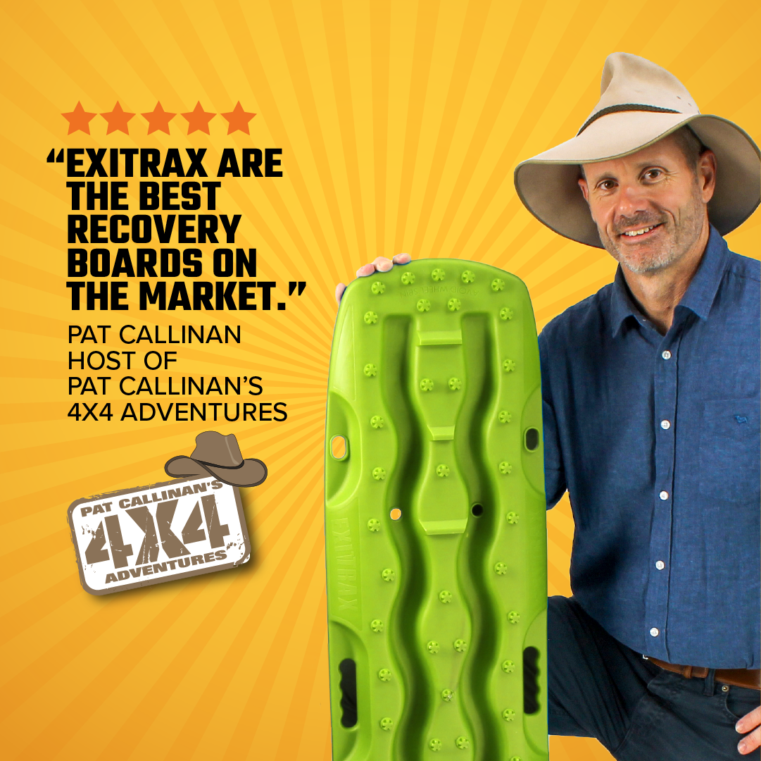 Pat Callinan, in a blue shirt and wide-brim hat, smiles holding Exitrax Recovery Boards 1110 Series - Metallic Lime Green + Mounts Bundle beside a five-star review—featured as host of Pat Callinan's 4x4 Adventures.