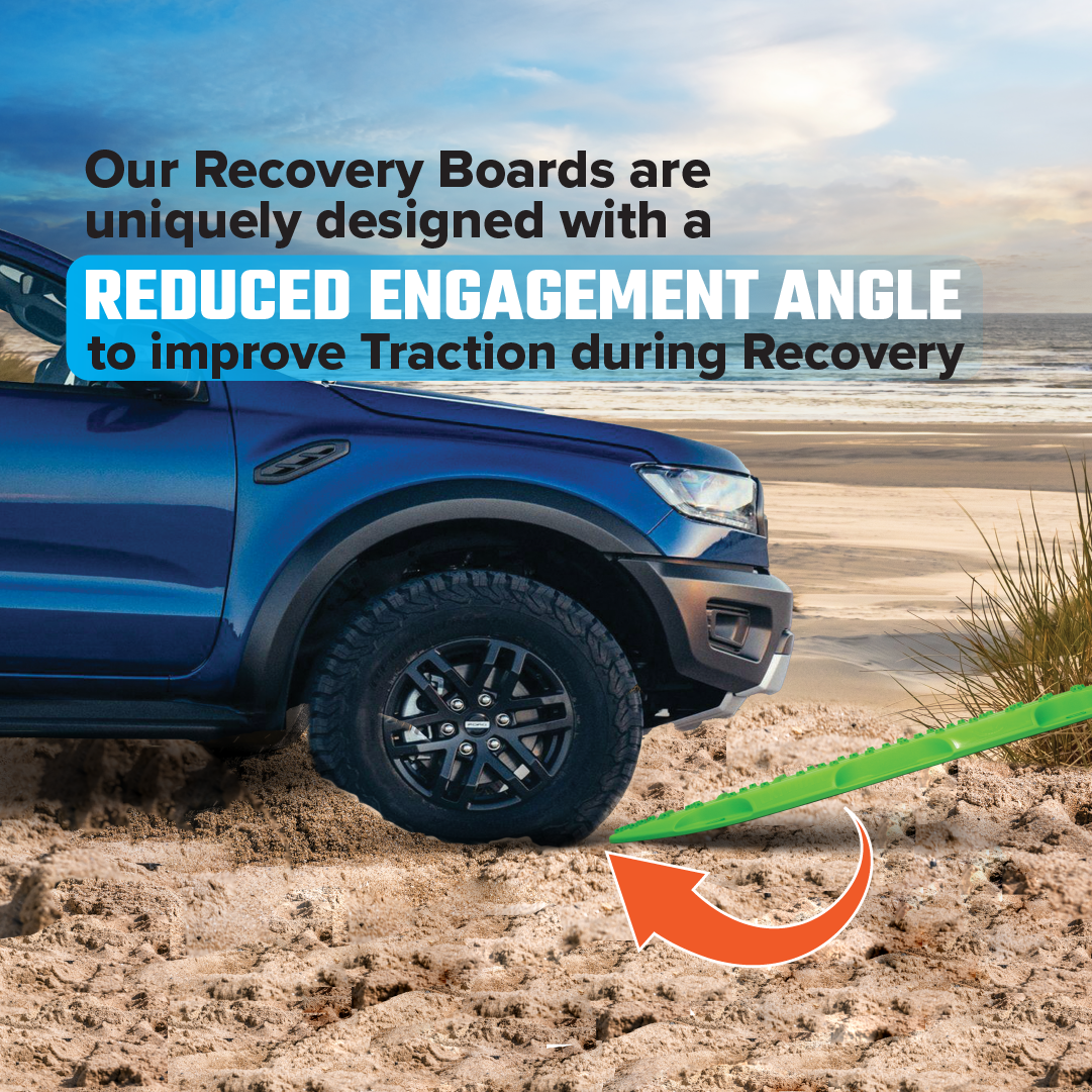 A blue off-road vehicle stuck in beach sand, with an Exitrax Recovery Boards 1110 Series - Metallic Lime Green under the tire, highlighting its reduced traction angle for better recovery performance.