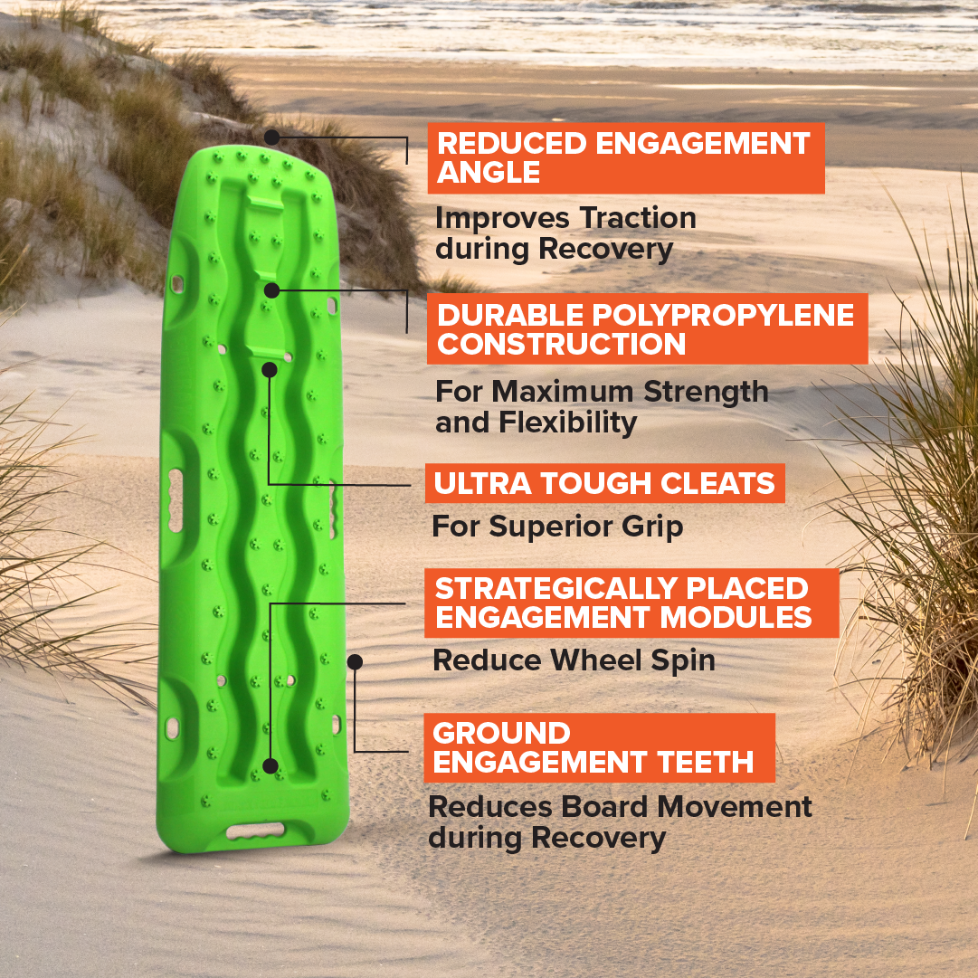 A Recovery Board 1110 Series in Metallic Lime Green, from Exitrax, rests on a sandy beach. It features highlights such as a reduced engagement angle, durable polypropylene construction, ultra-tough cleats, and strategically placed engagement modules. Its essential traction capabilities are emphasized by the ground engagement teeth, making it critical 4x4 recovery gear.