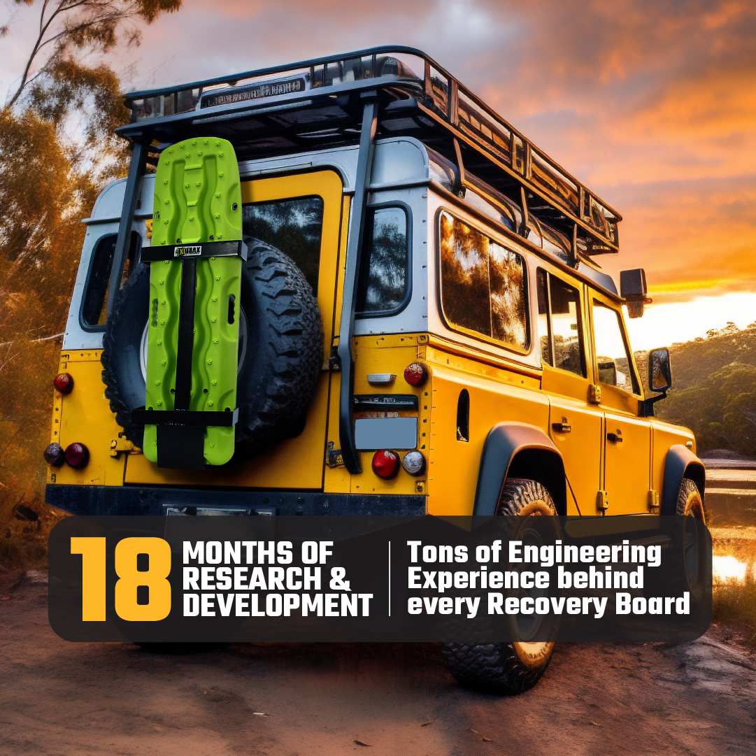 A yellow off-road vehicle with a pair of Metallic Lime Green Recovery Boards from Exitrax attached to the back, parked near a lake at sunset. Text on image: "18 Months of Research & Development - Tons of Engineering Experience behind every Recovery Board 1110 Series, each with a lifetime warranty.