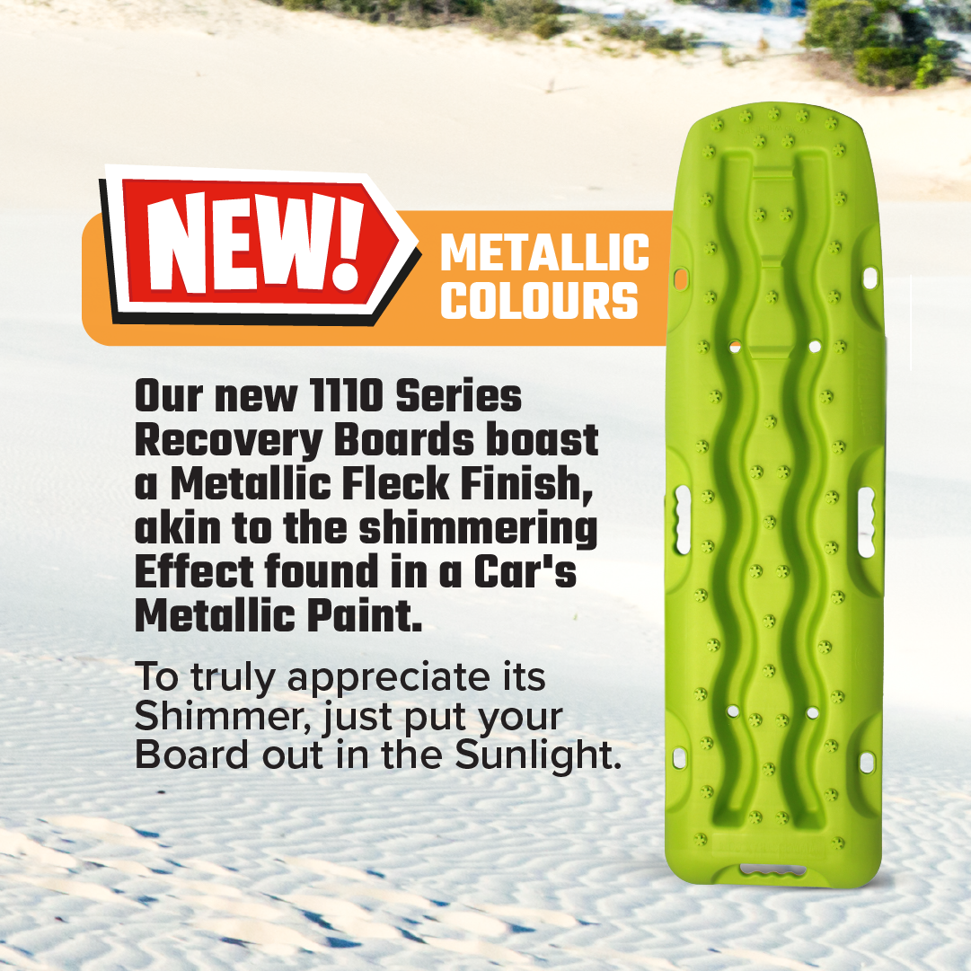 A Metallic Lime Green Exitrax Recovery Boards 1110 Series + Mounts Bundle is shown on sand, featuring a metallic fleck effect best viewed in sunlight. The image announces the launch of the new metallic colours.