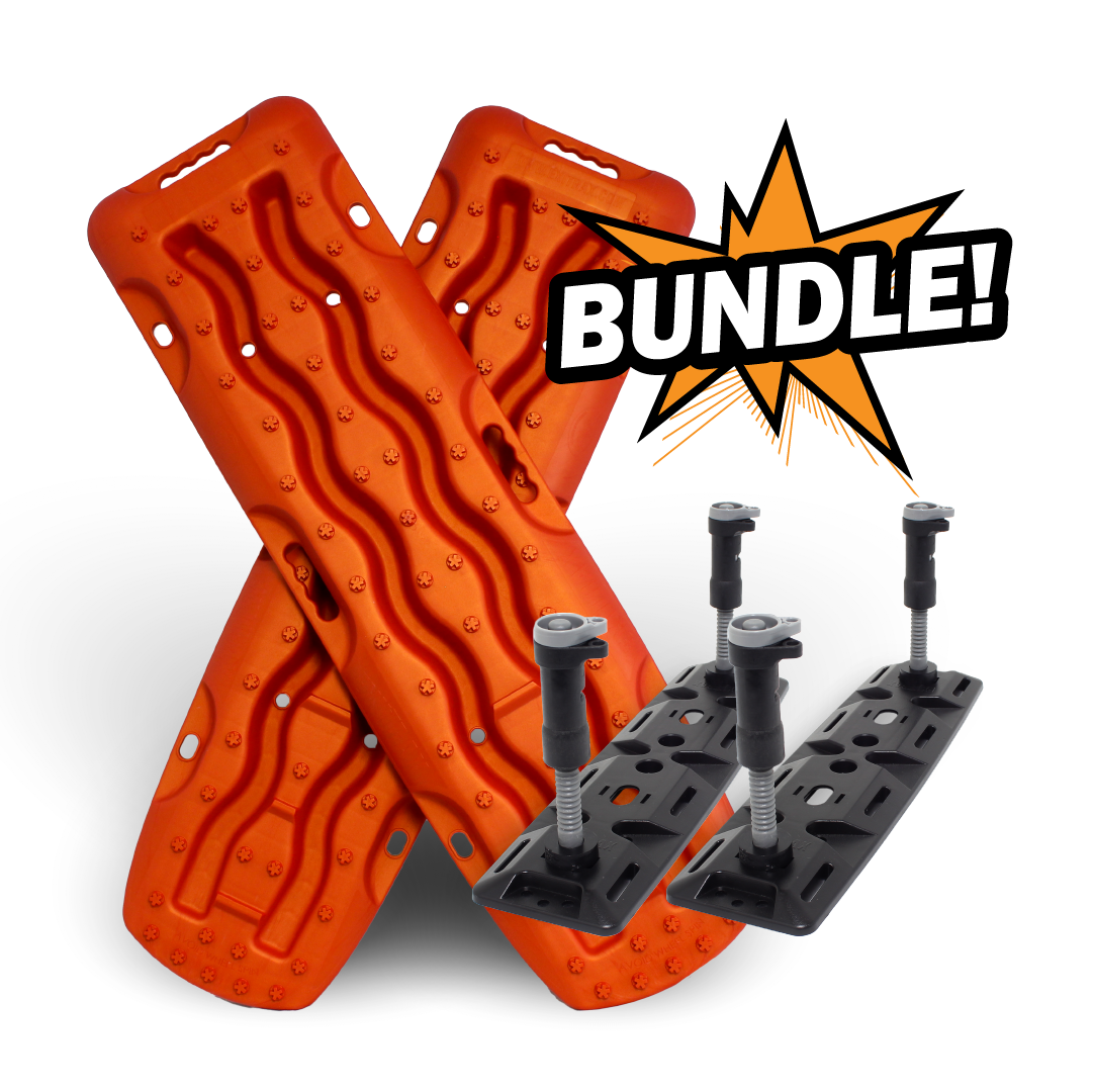 Exitrax's Recovery Board 1110 Series in Metallic Sunrise Red is highlighted with black mounts crossed in an "X" shape and a "BUNDLE!" text graphic on an orange starburst. It comes with a lifetime warranty for vehicle recovery.