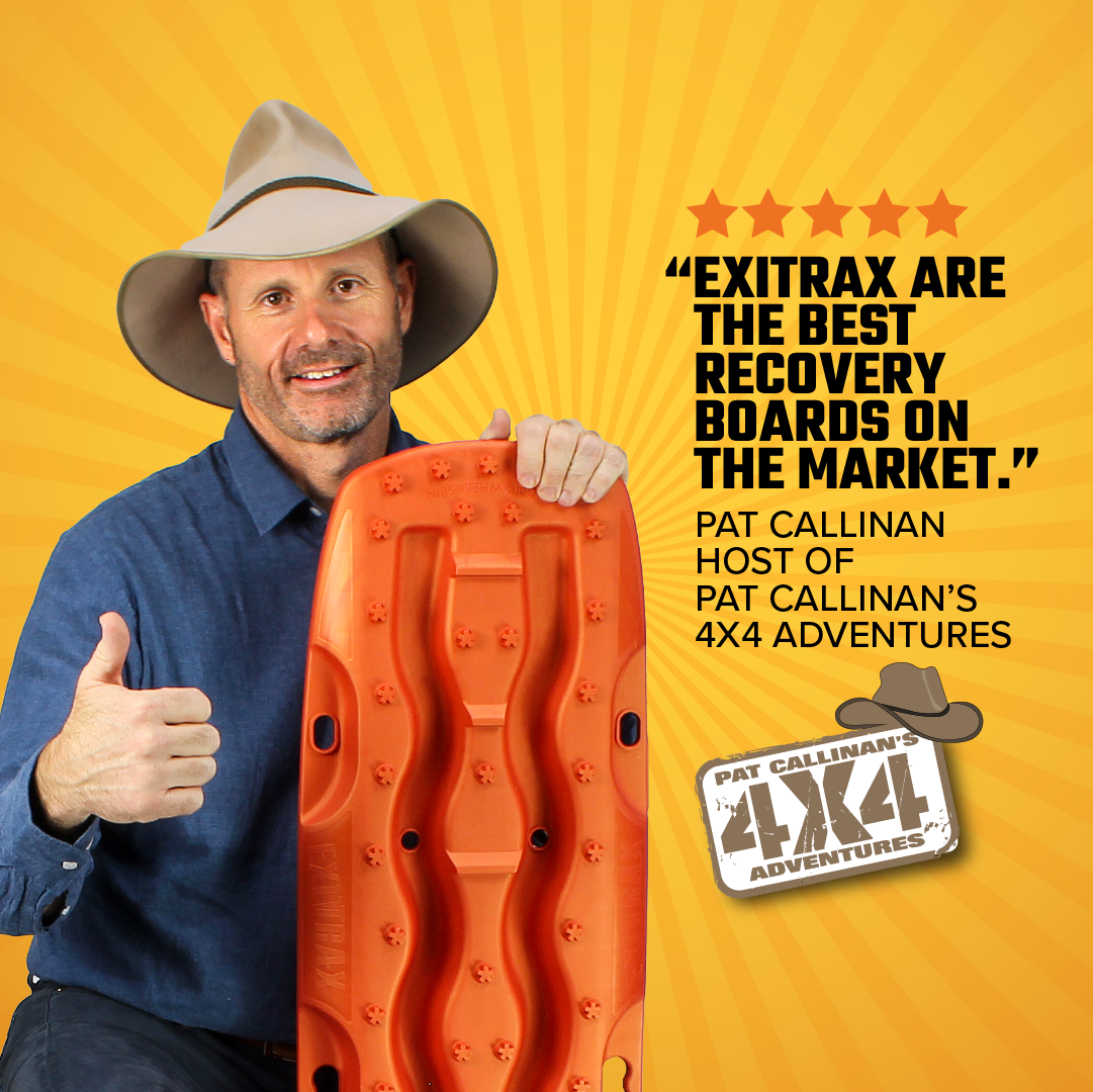 A man in a hat holds an orange Exitrax Recovery Board 1110 Series, giving a thumbs-up. Text reads: “Exitrax offers the best recovery boards with a lifetime warranty.” – Pat Callinan, host of Pat Callinan’s 4X4 Adventures. A logo featuring a cowboy hat is also present.