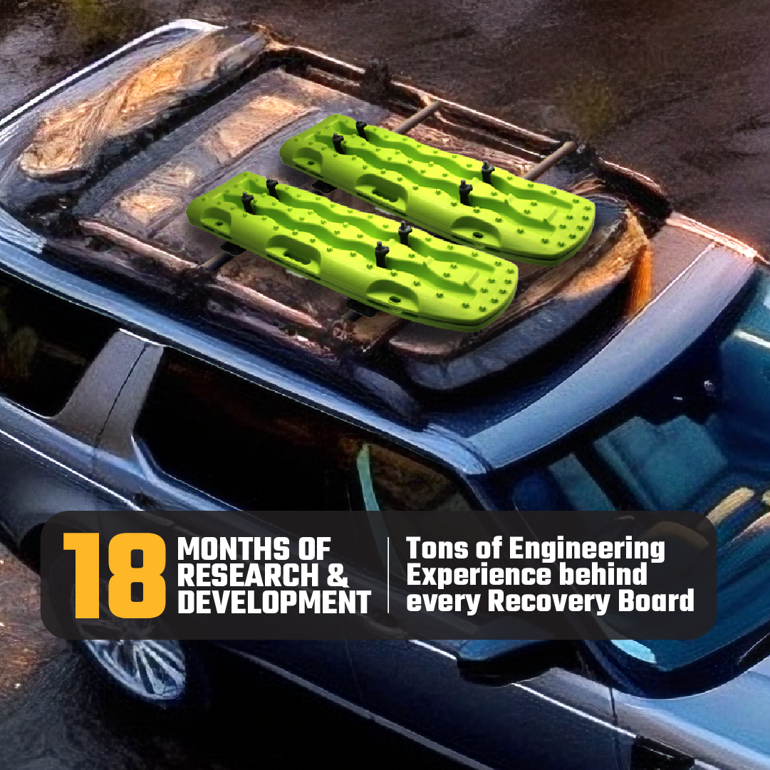 A car with two metallic sunrise red Exitrax Recovery Boards 1110 Series and mounts strapped to its roof rack. Text overlay: "18 months of R&D, expert engineering, and a lifetime warranty behind every Exitrax board.