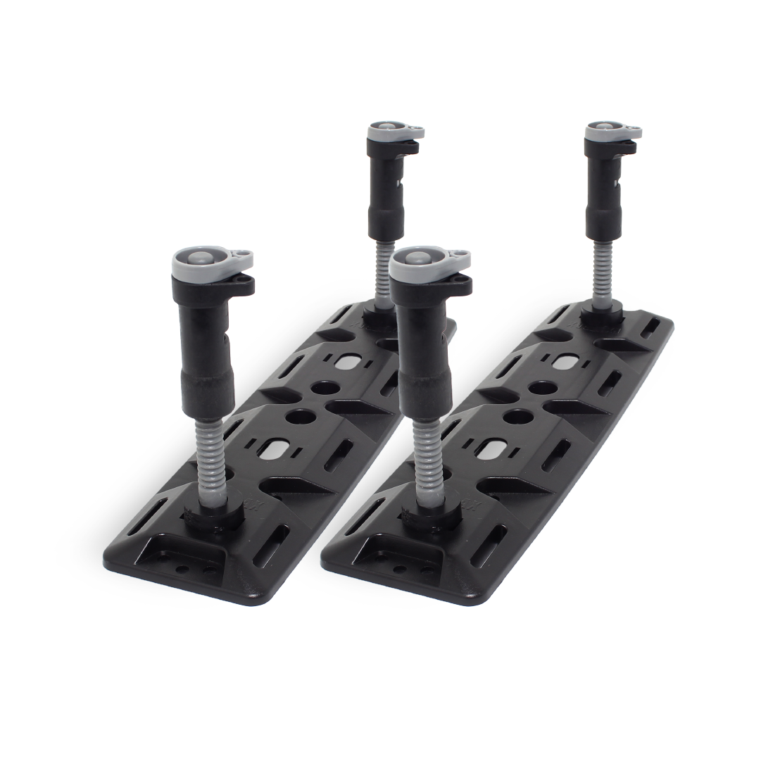 Two black Exitrax mounting plates with adjustable legs and a secure locking system for Recovery Boards 1110 Series - Metallic Sunrise Red are shown on a white background. Includes Lifetime Warranty.