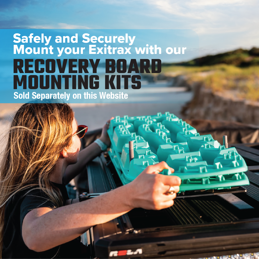 A person places a metallic sunrise red Exitrax Recovery Board 1110 Series onto a roof rack outdoors. Text reads: "Securely mount your Exitrax Recovery Board with our mounting kits. Lifetime warranty. Sold separately on this website.