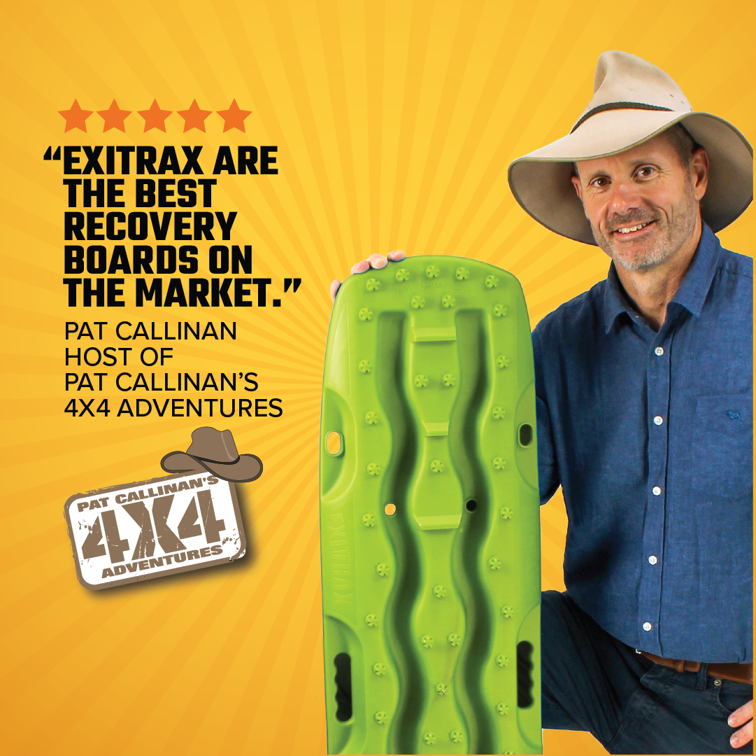 A man in a blue shirt and hat holds a Recovery Board 1110 Series - Black, Pair by Exitrax, praised for its quality and traction enhancement. The text mentions Pat Callinan from "Pat Callinan's 4X4 Adventures." The yellow background features a logo, stars, and highlights the lifetime warranty.