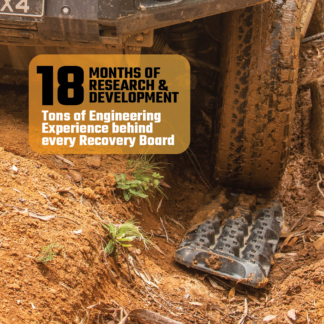 While navigating a muddy trail, a durable off-road vehicle enhances traction using an Exitrax Recovery Board 1110 Series in black. The text overlay announces, "18 months of research & development—backed by extensive engineering expertise and a lifetime warranty with every board.