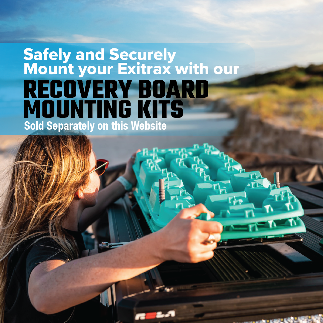 A person mounts the Exitrax Recovery Board 930 Series in black on a rack, set against a scenic seaside backdrop. Text overlay reads: "Safely and Securely Mount your Exitrax with our Traction-Enhanced Recovery Board Mounting Kits, Sold Separately on this Website.
