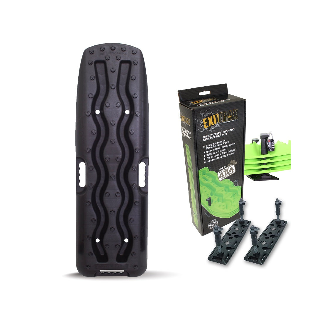 The Exitrax Recovery Board 930 Series - Black and Mounts Bundle, with wavy grooves and side handles, is shown with its box and green ramps. Bolts and mounts are also displayed. Enjoy peace of mind with our lifetime warranty on this essential 4x4 recovery board.
