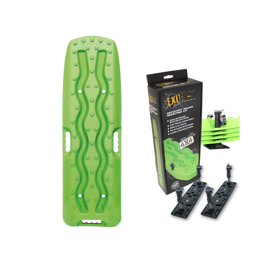 The Exitrax Recovery Boards 930 Series - Green + Mounts Bundle features bright green boards with raised studs and wavy grooves, shown with a black and green box, mounting brackets, and bolts. Backed by a Lifetime Warranty for reliable vehicle recovery.