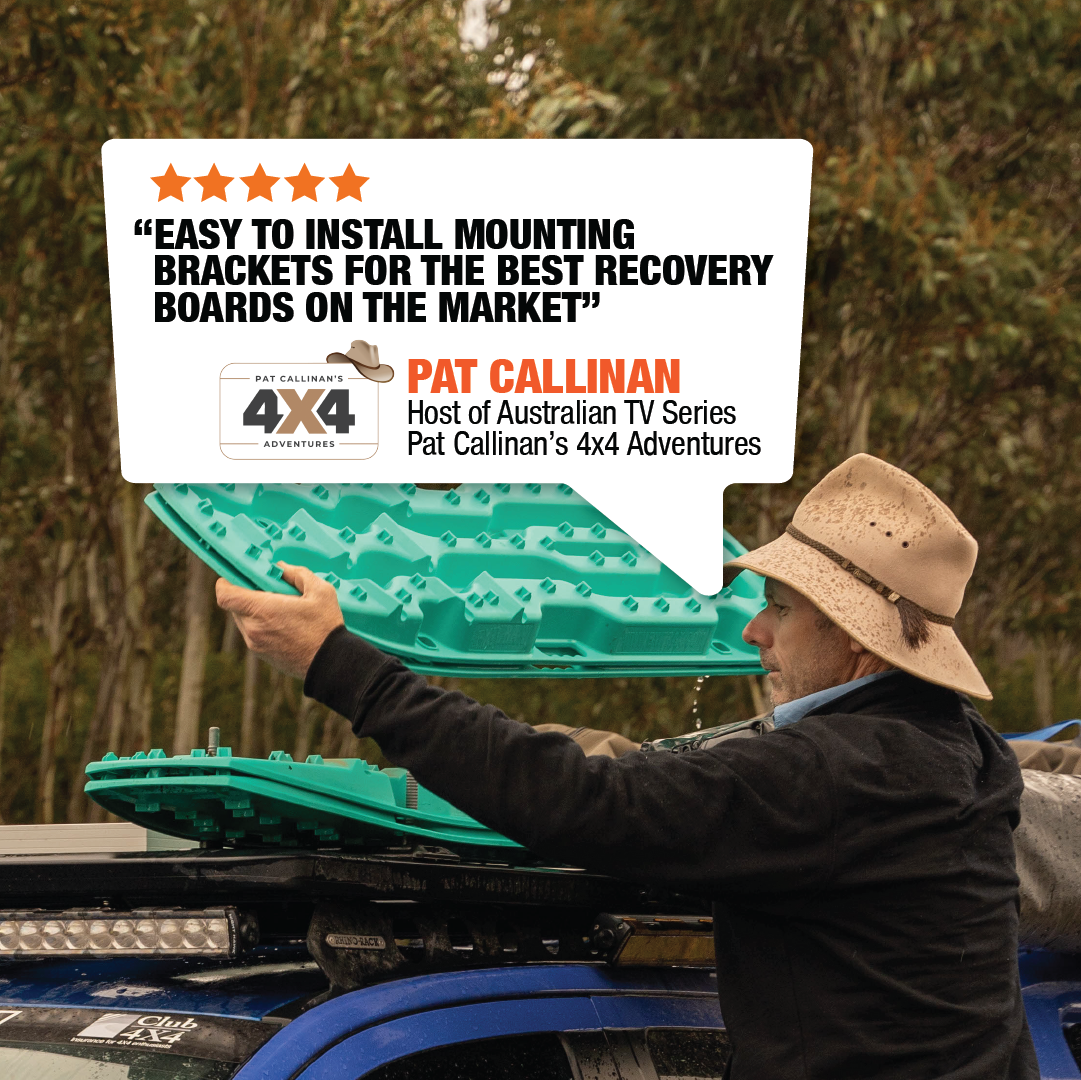 A person, wearing a hat, is shown mounting green Exitrax recovery boards onto a vehicle's roof rack using Exitrax's universal mounting brackets. A text overlay includes a high rating and endorsement from Pat Callinan, host of the Australian TV series "Pat Callinan's 4x4 Adventures," praising the easy-to-install quick release system of the Exitrax Recovery Board Mounting Kit.