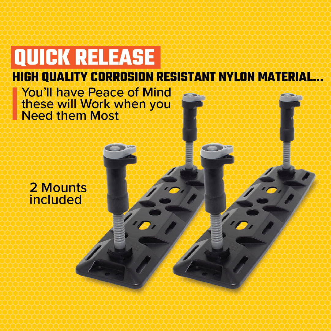 Image featuring two black quick-release mounts against a yellow background with a hexagonal pattern. Text reads: "Exitrax Recovery Board Mounting Kit - High Quality Corrosion Resistant Nylon Material... You'll have Peace of Mind these will Work when you Need them Most. 2 Universal Mounting Brackets included".