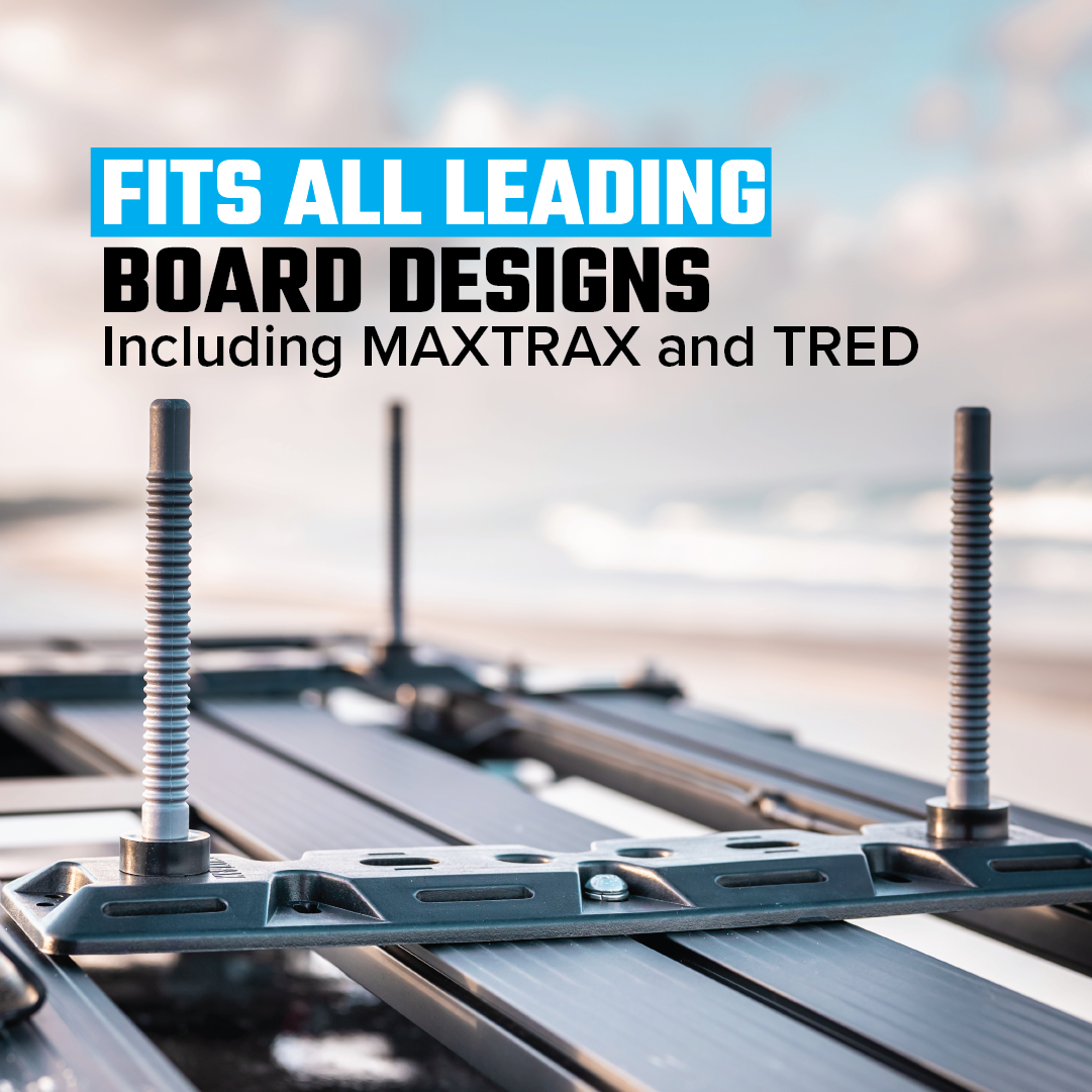 Close-up of the Exitrax Recovery Board Mounting Kit with bolts on a vehicle roof rack, set against a blurred beach background. Text above reads "FITS ALL LEADING BOARD DESIGNS Including MAXTRAX and TRED" in bold, differentiated by colors for emphasis. Perfect for quick release of recovery boards.