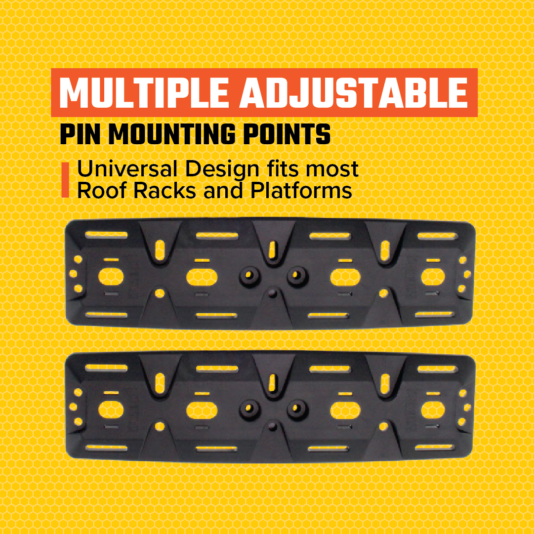 The image showcases the Exitrax Recovery Board Mounting Kit, which includes two black pin mounting plates featuring multiple adjustable pin mounting points. At the top, text reads "Multiple Adjustable Pin Mounting Points" in bold white and orange font. Below, it states that the "Universal Design fits most Roof Racks and Platforms." The background is yellow with a hexagonal pattern, ideal for quick release recovery boards.