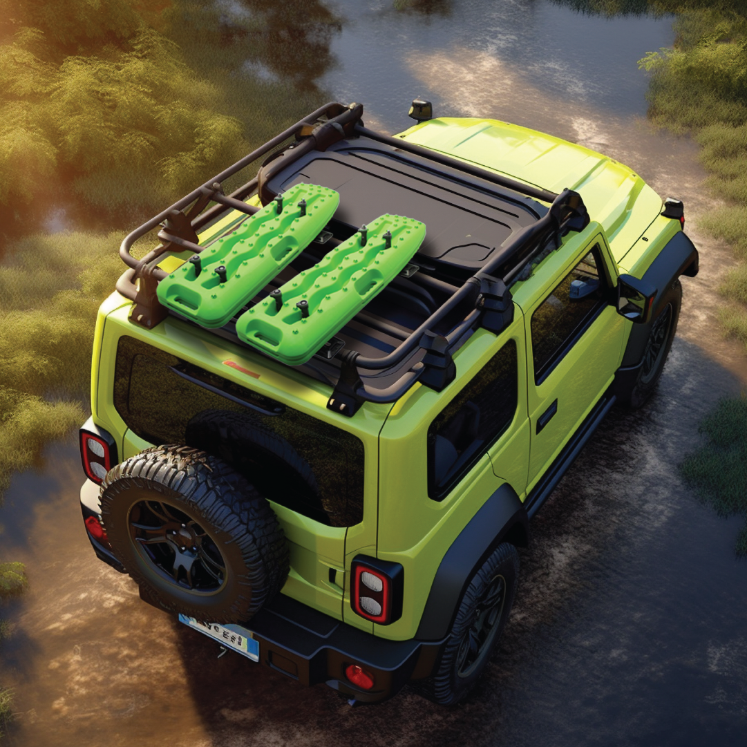 A vibrant yellow off-road vehicle is seen from above, driving through wet, muddy terrain. It features a spare tire mounted on the rear door and green recovery boards securely fastened to the roof rack with the Exitrax Recovery Board Mounting Kit from Exitrax. Patches of grass and small puddles surround the vehicle.