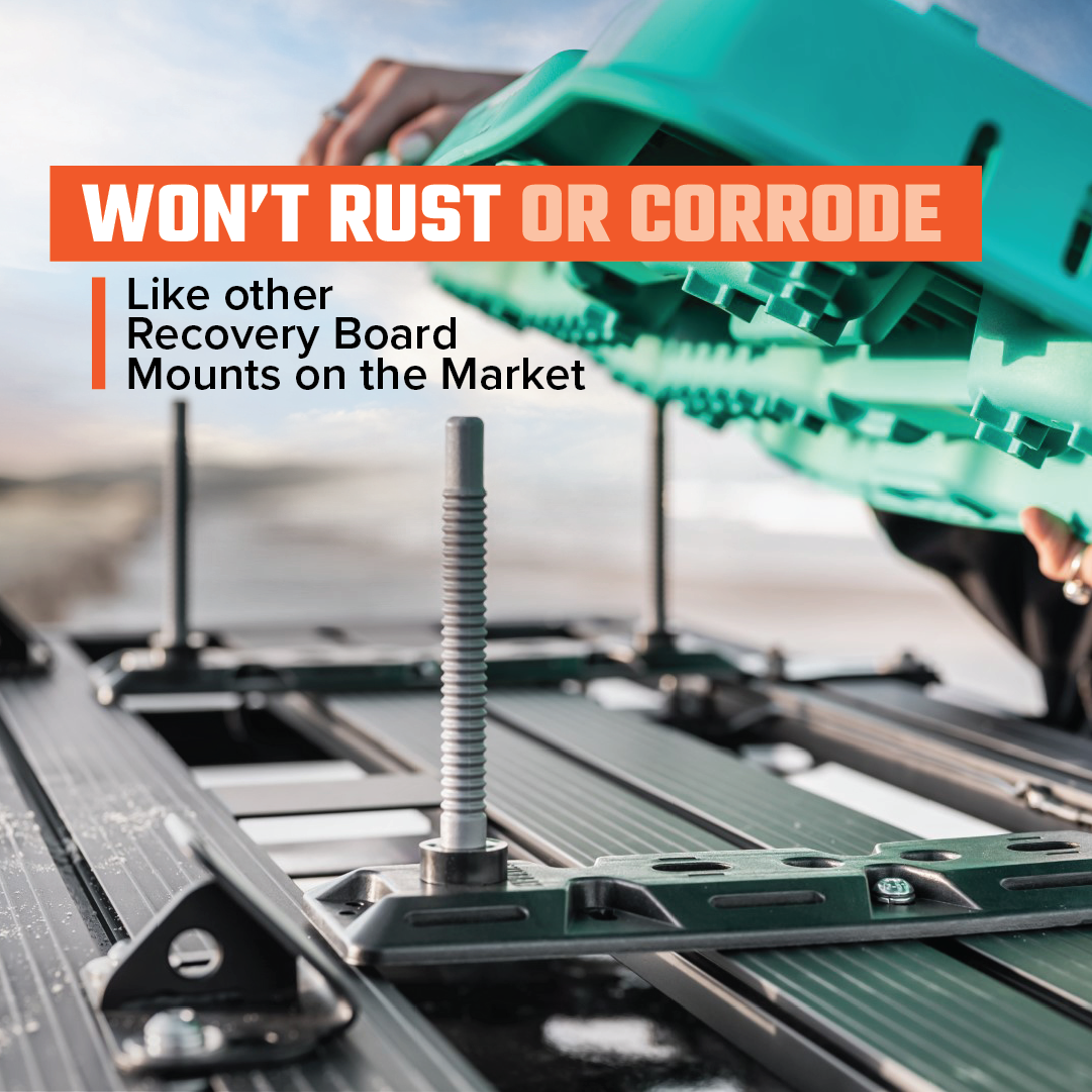 A close-up shows a person attaching the Exitrax Recovery Board Mounting Kit, featuring a Quick Release mechanism, onto a vehicle mount. The image highlights the "Won’t Rust or Corrode" feature, showcasing its durability and innovative design. Crafted from Corrosion Resistant Nylon, this Exitrax product stands out in the market for its unique qualities.
