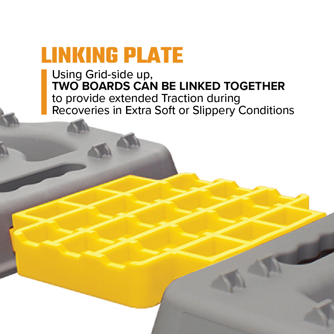 The Exitrax Exilink Recovery Boards Link Plate/4WD Jack Base connects two gray Ultimate Series boards, extending traction in soft or slippery terrain. Made from reinforced nylon for durability.