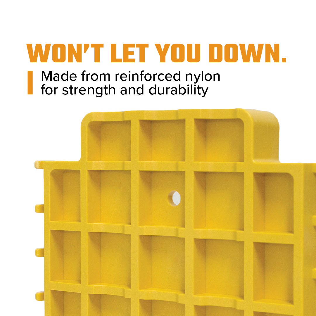 A yellow Exitrax Exilink Recovery Boards Link Plate / 4WD Jack Base with a center hole. Text: "Won't let you down. Made from reinforced nylon for strength and durability." Perfect as recovery boards.