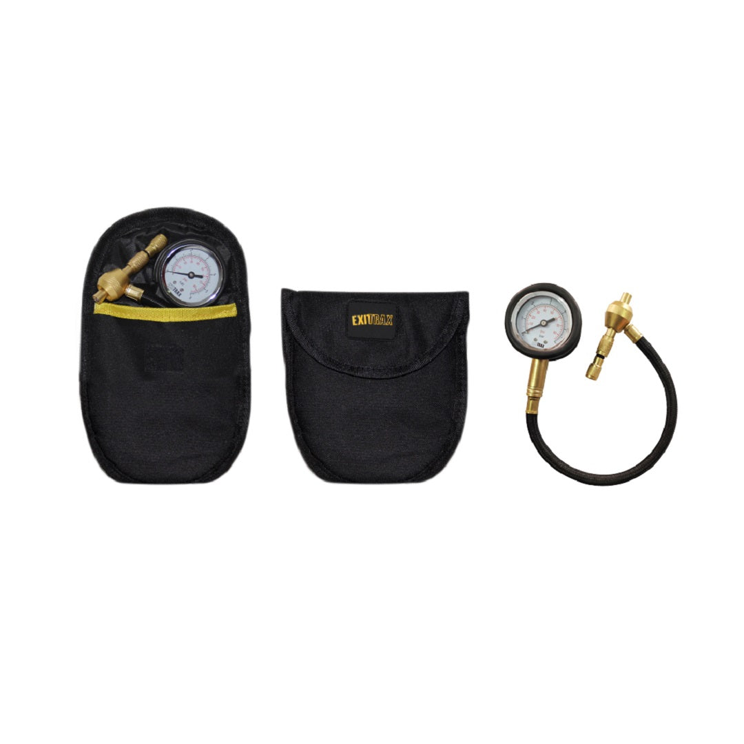 The Exitrax Tyre Deflator is shown in a three-part display. On the left, the deflator is partially inserted into a black pouch. In the middle, there is an empty black pouch. On the right, the deflator connects to a flexible hose, making it perfect for off-road traction and journeys requiring reduced tire pressure.