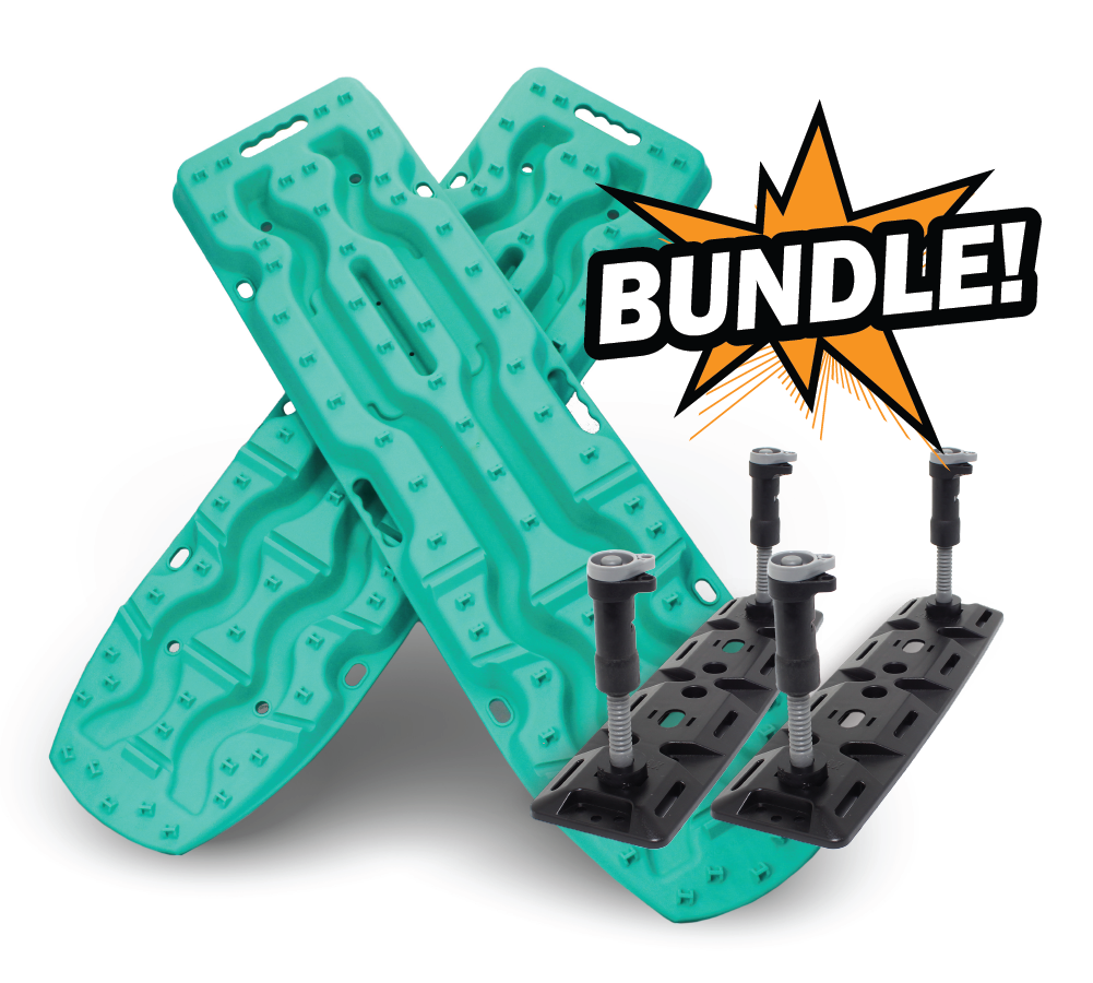 Two Exitrax Recovery Boards Ultimate 1150 in Aqua Marine and two black mounts are crossed together. A comic-style orange "BUNDLE!" burst appears in the top right—ideal for your Exitrax recovery setup.