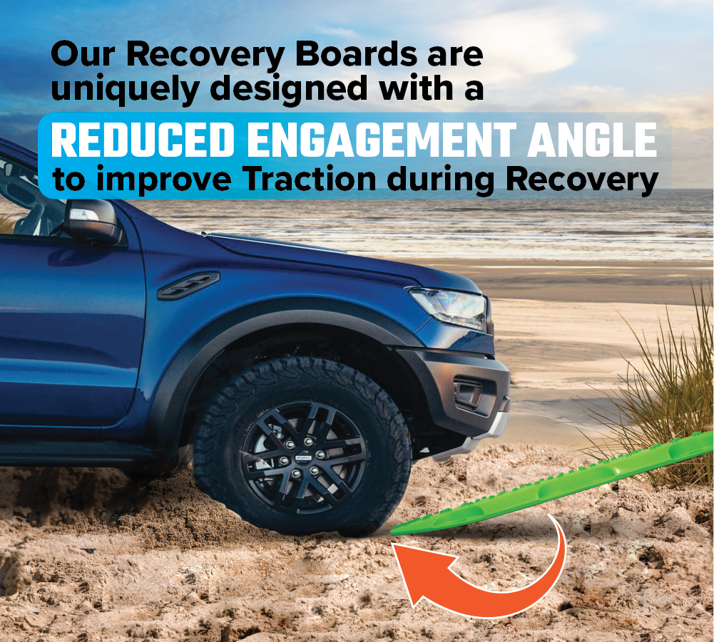 An Aqua Marine Exitrax Recovery Boards Ultimate 1150 + Mounts Bundle boosts traction for pickup trucks on sandy beaches, thanks to a reduced engagement angle highlighted in the product text.