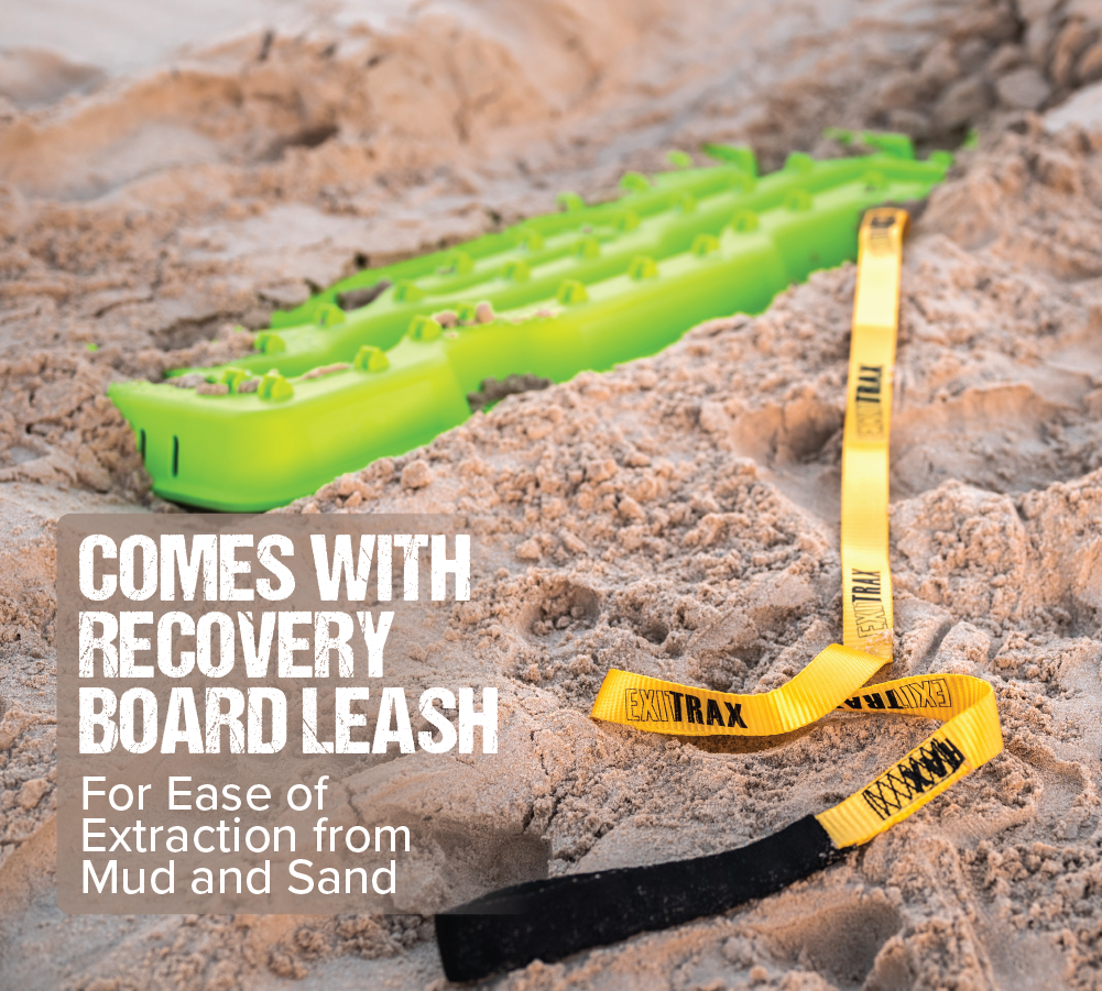 A Recovery Board Ultimate 1150 in Aqua Marine, paired with a yellow Mean Mother 4x4 leash and partly buried in sand, highlights its usefulness. Text reads, "Includes Mean Mother 4x4 board leash for easy removal from mud and sand." Brand: Exitrax.