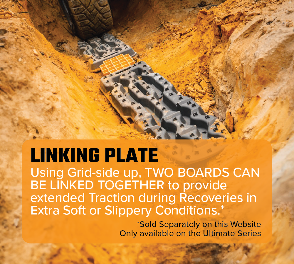 A close-up of two black Exitrax Recovery Boards Ultimate 1150 - Aqua Marine + Recovery Board Mounts Bundle linked by an orange plate in a muddy trench, illustrating Aqua Marine connection for improved vehicle recovery. Text box describes features.