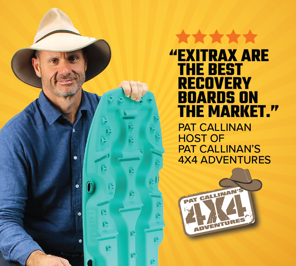 A person in a hat and blue shirt holds a black Recovery Board Ultimate 1150 from Exitrax. The text states: "Exitrax are the best traction boards on the market, backed by a lifetime warranty." - Pat Callinan, host of Pat Callinan’s 4x4 Adventures. The logo includes hat and 4x4 graphics.