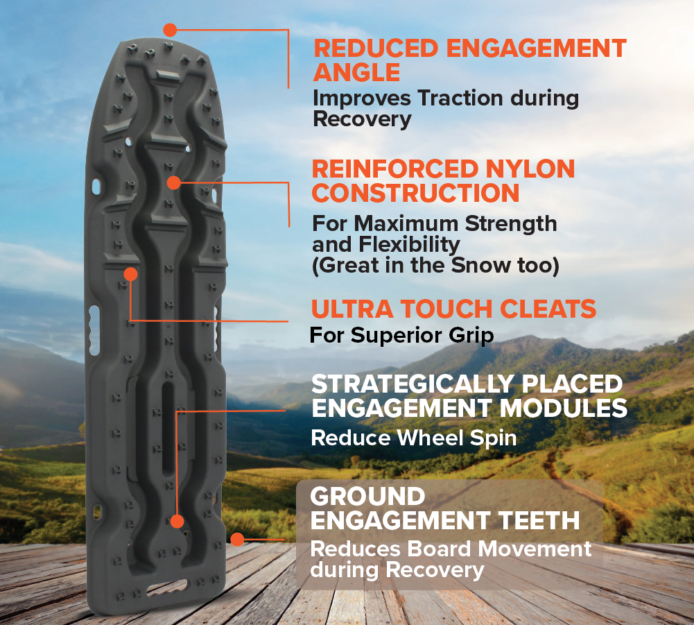 An Exitrax Recovery Boards Ultimate 1150 - Aqua Marine stands upright outdoors, with labeled features like reduced traction angle, reinforced nylon build, ultra-tough cleats, engagement modules, and ground engagement teeth.