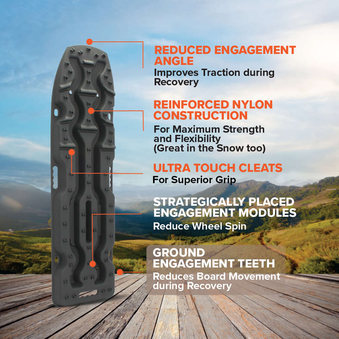 Illustration of the Exitrax Recovery Board Ultimate 1150 - Gunmetal Grey and FREE Tyre Deflator Bundle on a wooden surface against a mountainous landscape. Features: reduced engagement angle, reinforced nylon construction, ultra-tough cleats, strategically placed modules, and ground teeth.
