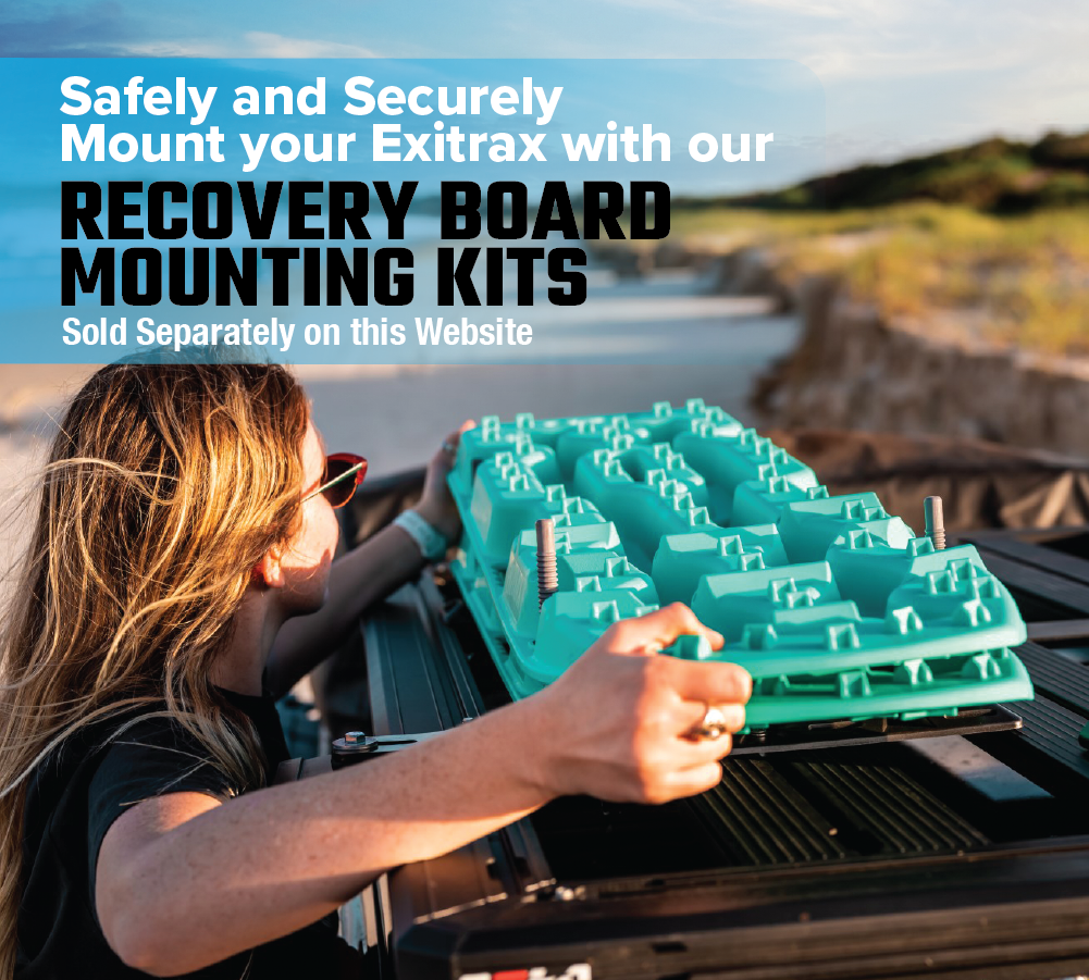 A person mounts an aqua marine Exitrax Recovery Boards Ultimate 1150 onto a vehicle roof rack at the beach, with text promoting "Recovery Board Mounting Kits" for Exitrax—sold separately on the website.
