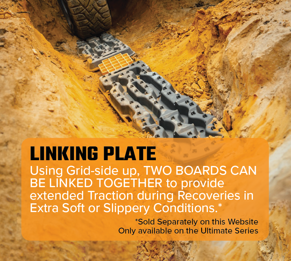 A close-up shows an Exitrax Recovery Boards Ultimate 1150 - Aqua Marine linking plate connecting two boards in a muddy trench, with text describing its use for vehicle recovery in slippery conditions.