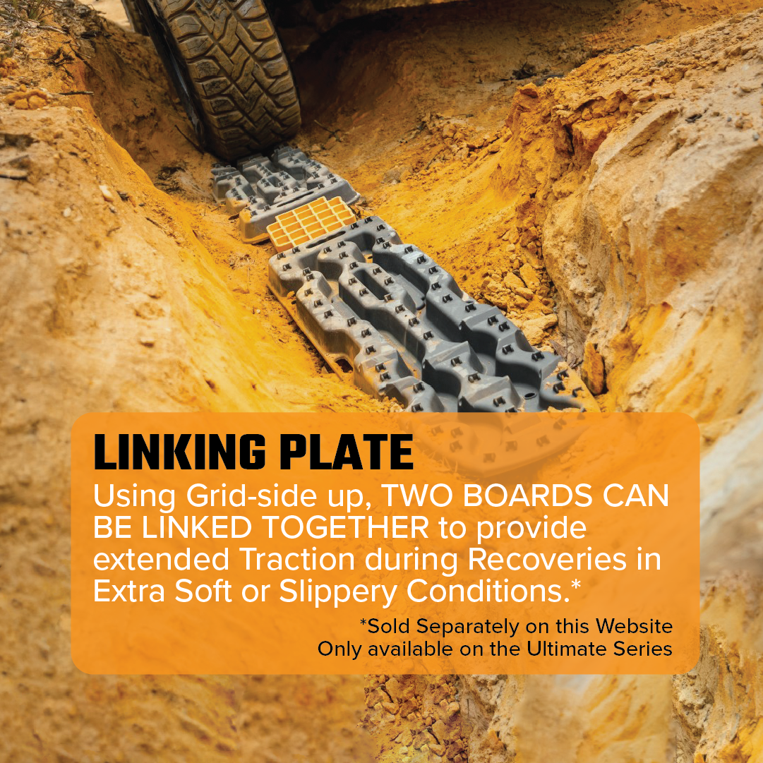 A close-up shows two Exitrax Recovery Boards Ultimate 1150 - Black linked with a plate on muddy ground, illustrating added traction for 4x4s. Text details linking plate use and mentions the FREE Tyre Deflator Bundle.